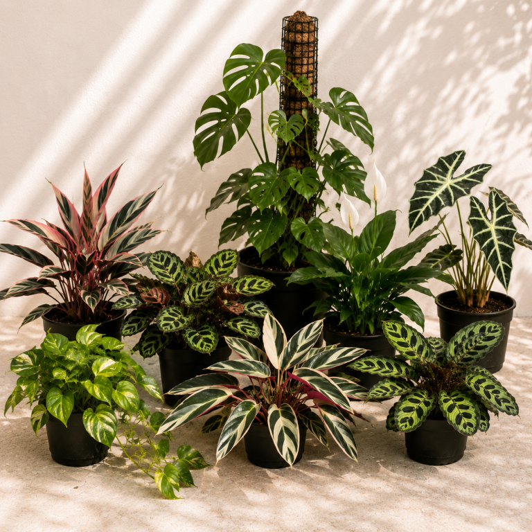 A clean image of perfectly arraged indoor plants with striking colours and varied textures including prayer plants scindapasus marble queen pothos variagated cultivars alocasia amazonica monstera deliciosa stromanthe sanguine thalia tricolor tristar | Unique Plants for sale online and delivered to your door | Striking indoor plants for sale in durban kwazulu natal south africa | best houseplants durban | the guide to bring nature indoors | The Bottled Garden | Curated Indoor Plants & Custom Terrrariums